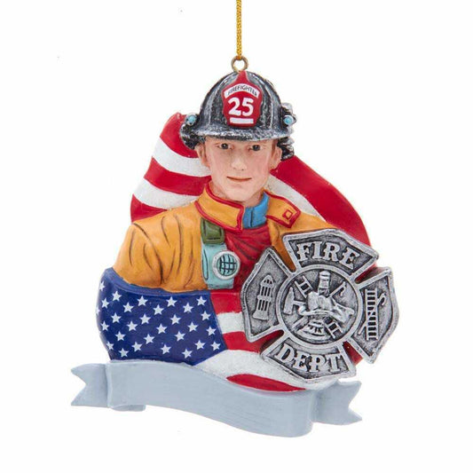 KURT ADLER 4" RESIN FIREMAN w/FLAG & BADGE FIREFIGHTER CHRISTMAS ORNAMENT D3908